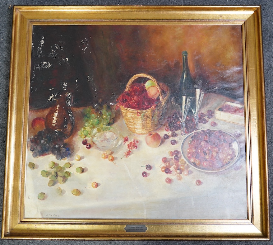 Alfred Théodore Joseph Bastien (Belgian, 1873-1955), Table top still life with wine and cherries, oil on canvas, 90 x 100cm